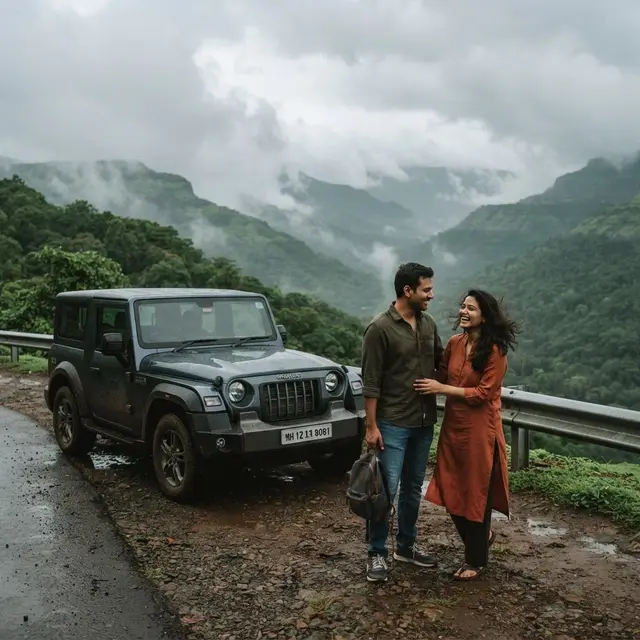 Couple looking over the misty Sahyadri hills near Lonavala