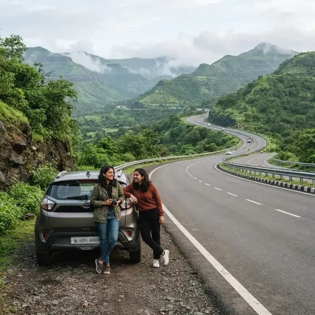 Friends pausing beside a car on the Mumbai Pune Expressway