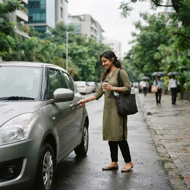 Professional unlocking a self-drive car on a rainy Pune workday morning