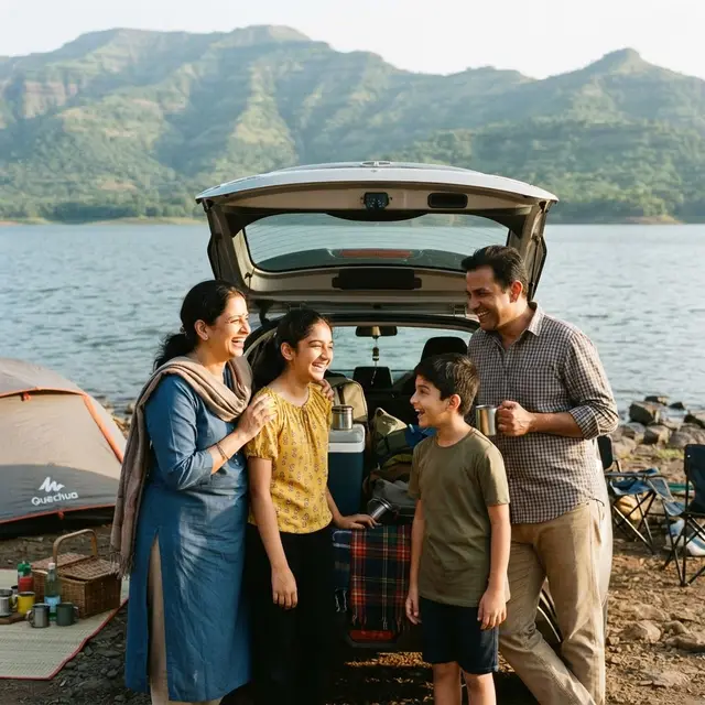 Family arriving at a Pawna Lake campsite with a self-drive car