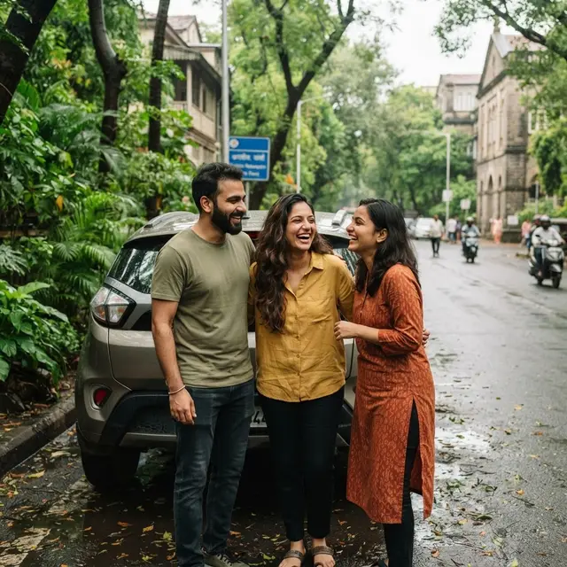 Friends meeting beside a self-drive car on a leafy Pune street after rain