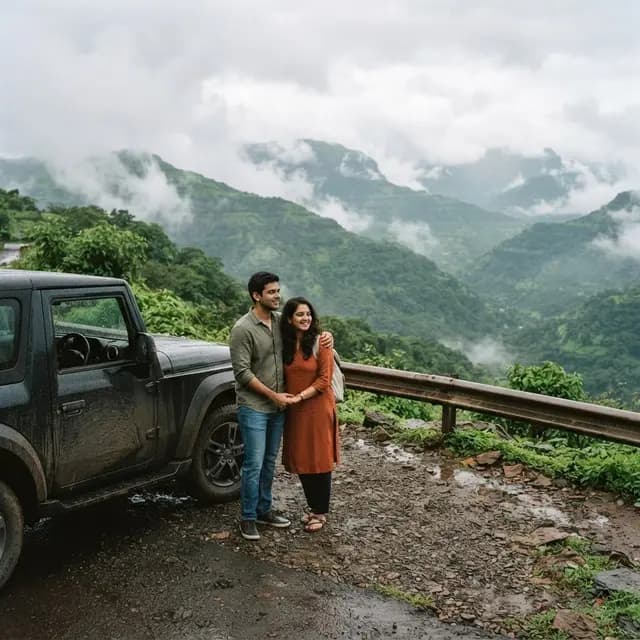 A couple looking over the misty Sahyadri hills near Lonavala