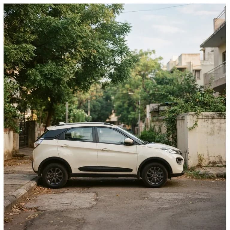Ivory compact SUV parked on a quiet residential lane for doorstep delivery